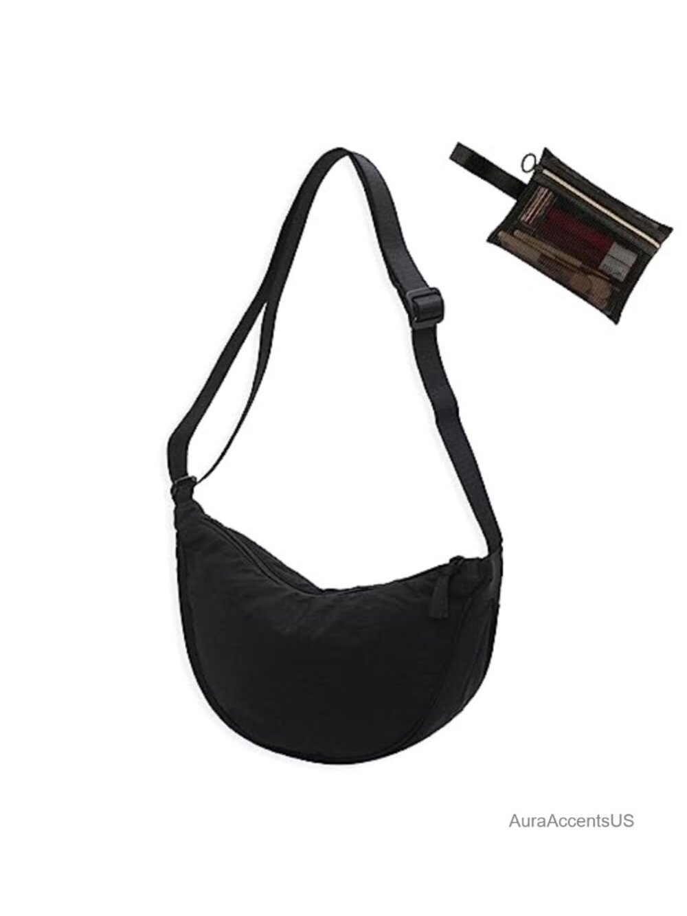 Nylon Crossbody Hobo Crescent Bag with Mesh Storage Adjustable Strap